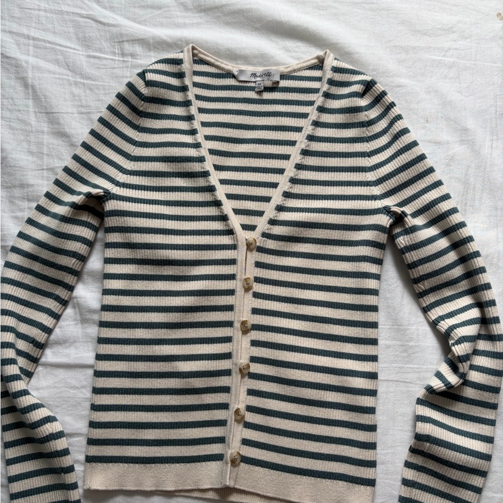 Madewell Cream and Green Striped Cardigan